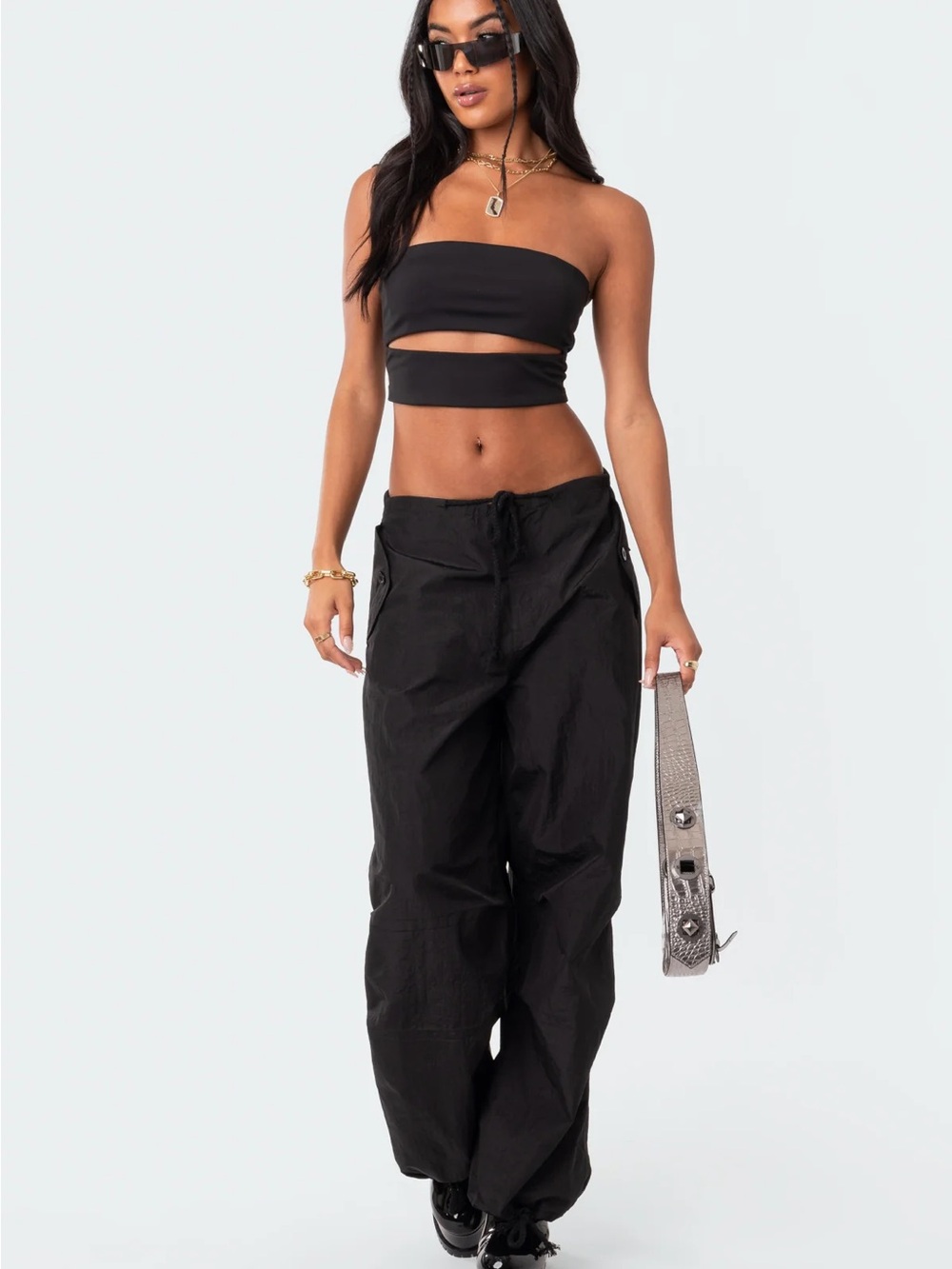 Edikted Black Nylon Cargo Pants